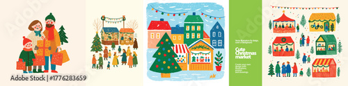 Joyful Christmas Market Scene. Vector illustrations of a festive Christmas market with familie, stalls, and decorated trees for holiday designs, greeting card, invitation, and winter celebrations.