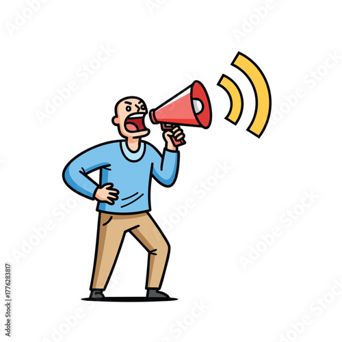 Cartoon man with a shaved head shouting loudly into a red megaphone making an announcement.