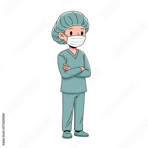 Cartoon medical professional in green scrubs surgical cap and face mask with arms crossed.