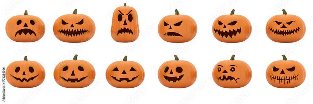Obraz premium Collection of halloween pumpkins with carved scary and happy faces