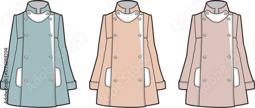 Fashionable women's coats presented in three different pastel color variations, showcasing stylish outerwear for women
