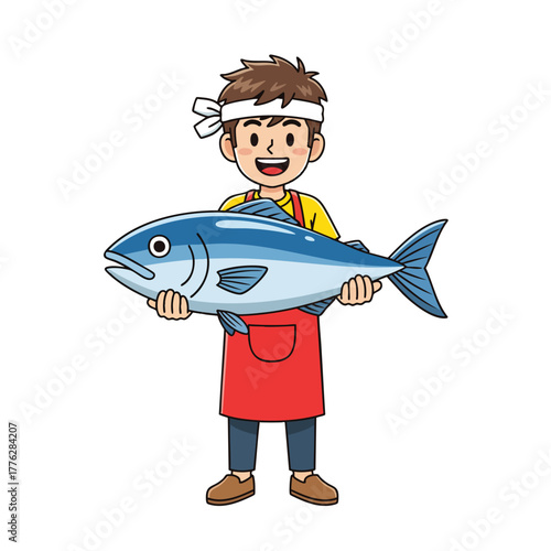 Cheerful cartoon fishmonger in a red apron and headband proudly holding a large blue fish.