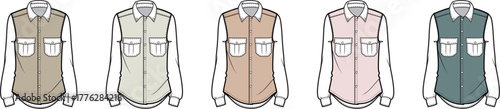 Flat vector set of sleeveless collared shirts with front pockets, layered over long-sleeved tops, in neutral and pastel color variations, for fashion design and apparel mockups