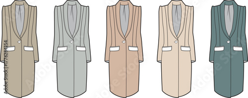 Set of women's classic long coat technical fashion flat sketch templates shown in multiple colorways for apparel design