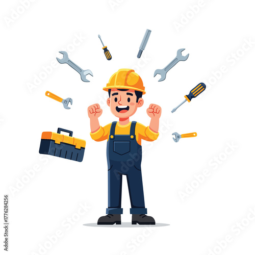 Cheerful cartoon handyman in a yellow hard hat and blue overalls flexing with floating tools.