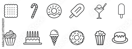 Sweets, treats and desserts icon set vector. cake, ice cream, cookie, donut, candy, cupcake symbol. vector illustration.