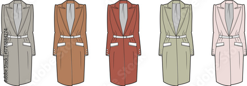 Five Stylish Coat Designs Fashion Illustrations Showcasing Elegant Outerwear in Various Colors