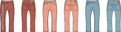 Colored Jeans Collection Front and Back Views for Fashion Design