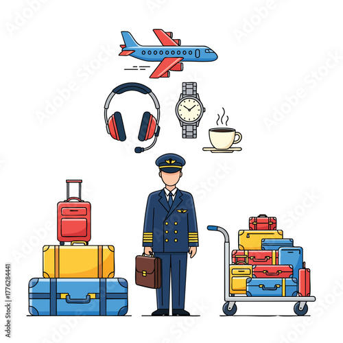 Colorful Flat Line Art Illustration Set of a Pilot and Aviation Travel Icons.
