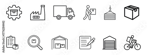 Distribution, logistics icon set vector. delivery, manufacturing, and warehousing processes symbol. vector illustration.