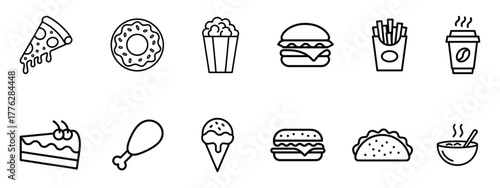 Fast food flat line icons set. Burger, fast snacks, sandwich, French fries, hot dog, Mexican burrito, pizza symbol. vector illustration.