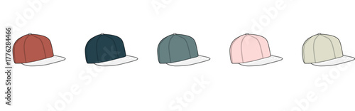 Collection of five different colored baseball caps displayed in a horizontal line on a white background