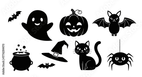 Set of Halloween icons including a ghost, pumpkin, bat, cauldron, witch hat, black cat, and spider