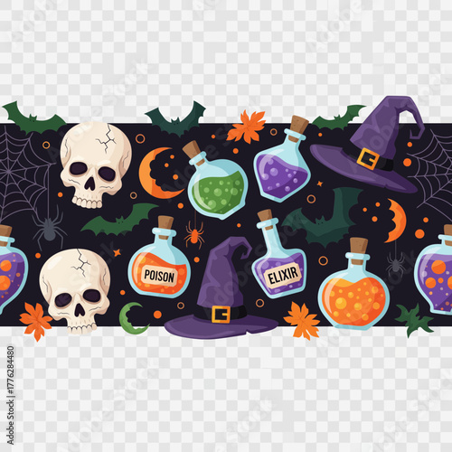 Halloween decorative seamless border featuring spooky icons like skulls, poison bottles, witch hats, and celestial elements on a transparent background