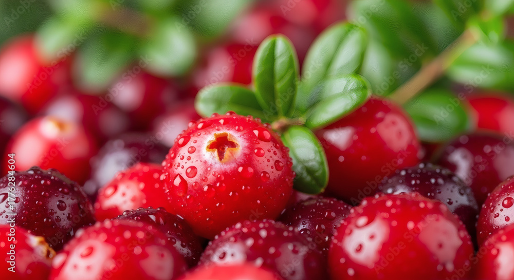 Obraz premium Ultra close-up shot of fresh cranberries covered in tiny water droplets