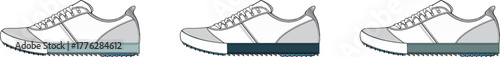 Sport shoe illustrations in light blue, dark blue and teal green color variations, on white