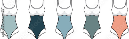 Collection of five different colorful one-piece swimsuits arranged in a row