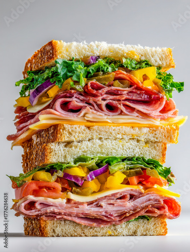 Layered deli sandwich stacked with fresh leafy greens, colorful peppers, sliced tomatoes, onions, assorted cold cuts, and melted cheese between toasted sandwich bread sli