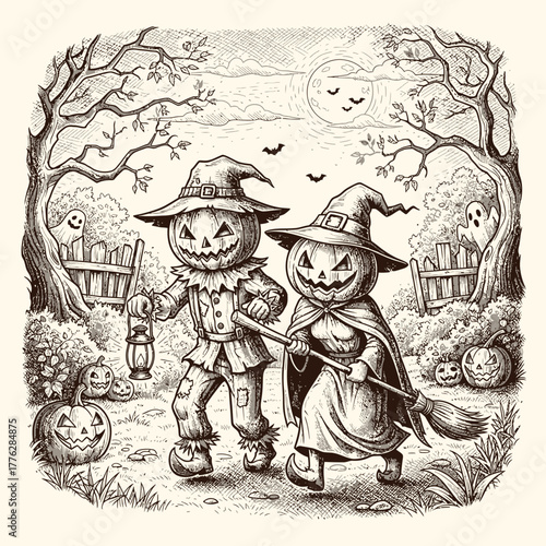 Whimsical Halloween illustration of two anthropomorphic pumpkins celebrating a spooky holiday with a lantern and broom