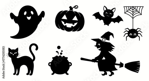 A collection of black Halloween silhouette icons, featuring a ghost, pumpkin, bat, spider, cat, cauldron, and witch on a broomstick for festive designs