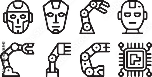 Modern robotic and artificial intelligence icon collection with head mechanical arm and chip