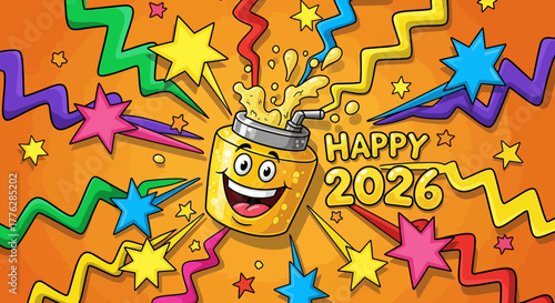 Joyful 2026 Celebration with a Cheerful Cartoon Bottle, Festive Confetti, and Vibrant Decorations