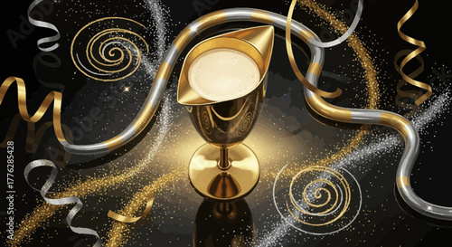 Luxurious Golden Goblet Filled with Frothy Drink Amidst Swirling Ribbons and Glitter