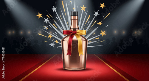 Champagne bottle on a red carpet with fireworks and confetti celebration event