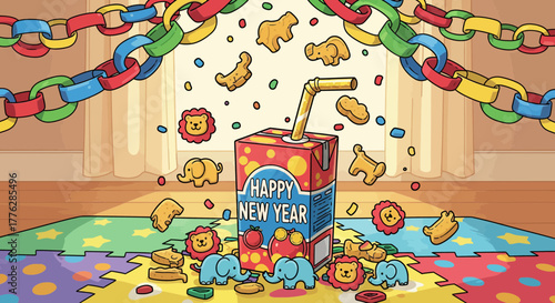 A festive cartoon scene of a juice box with 'Happy New Year' text, surrounded by animal-shaped crackers, toys, and colorful confetti on a child's play mat
