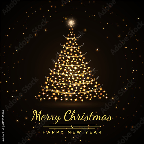 Glowing gold Christmas tree with sparkle stars. Luxury Cristmas greeting card with wishes Merry Christmas and Happy New Year. Vector illustration.