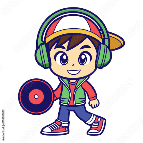 Dynamic vector art of a smiling child DJ character holding a turntable disc, embodying youthful music passion and a love for audio entertainment