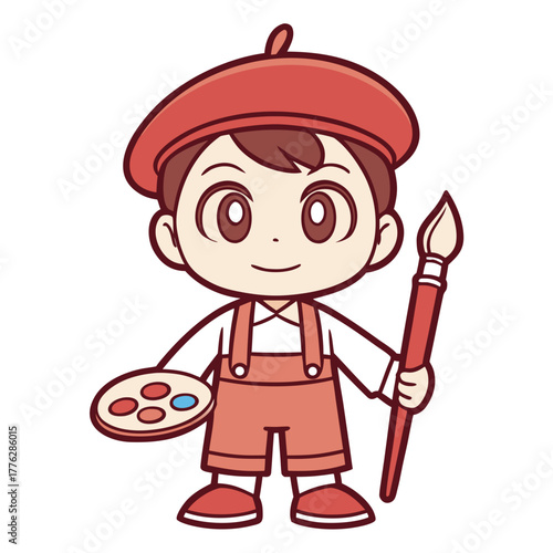 Charming illustration of a young artist holding a palette and paintbrush, ready to create
