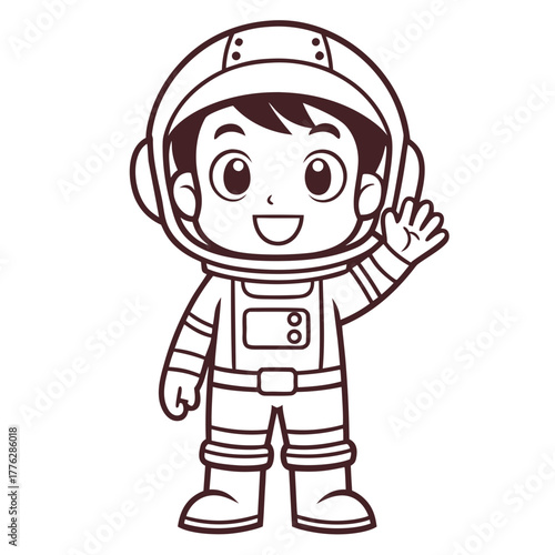Astronaut Boy A Cheerful Cartoon Spaceman Waving Hello in an Outlined Illustration