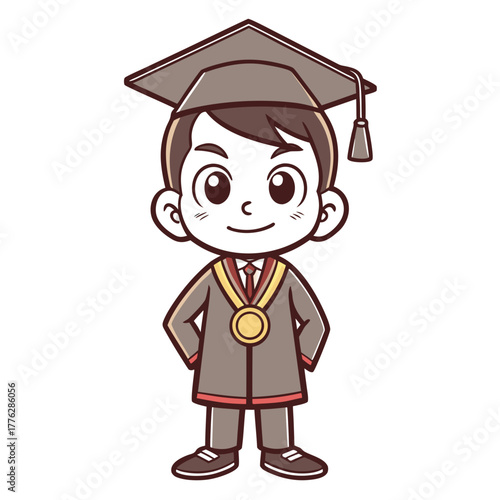 Smiling young cartoon graduate student celebrating academic achievement and the culmination of their educational journey, embodying success, future aspirations, and joyful milestone