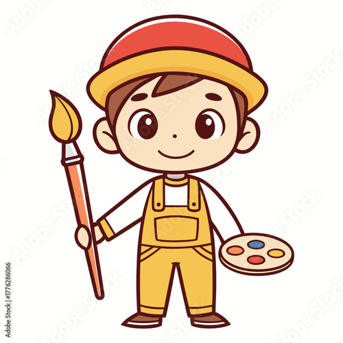Charming illustration of a young aspiring painter, complete with hat, overalls, a paint brush, and a multi-colored palette, embodying youthful artistic passion
