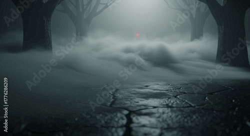Eerie foggy forest path with glowing red eyes in the mist, a mysterious and unsettling atmosphere
