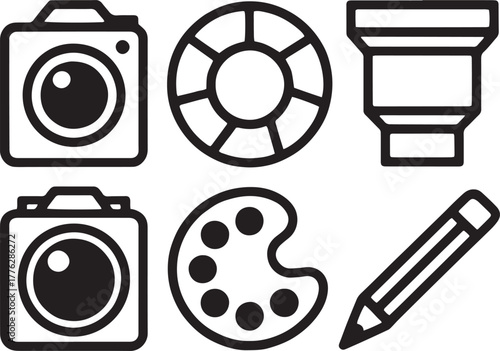Photography icon set illustration with camera palette and pencil creative art design for photo studio digital and artistic concept