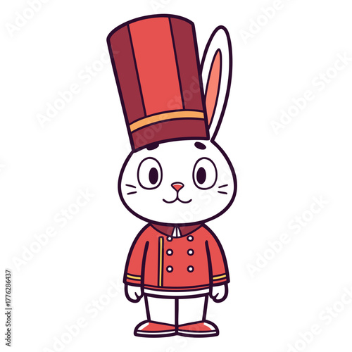 Adorable Bunny Bellhop Character Design with Red Uniform and Tall Hat, vector cartoon