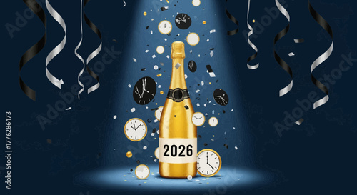 Champagne bottle with clocks and confetti marking the New Year 2026 celebration