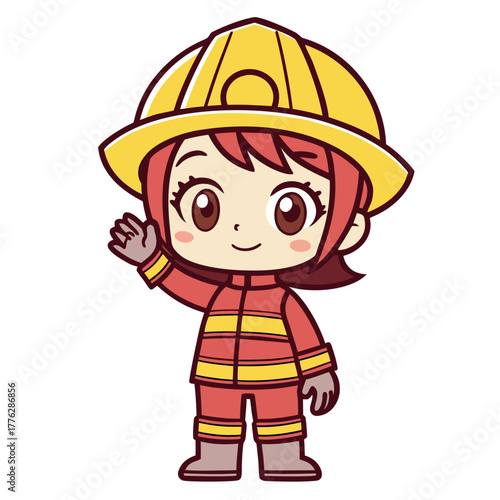 Cute cartoon female firefighter character in a red uniform and yellow helmet waving hello. Adorable chibi girl first responder illustration