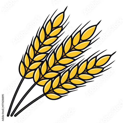 Simple cartoon icon of golden wheat ears or stalks, a symbol of grain, farming, and wholesome bakery products