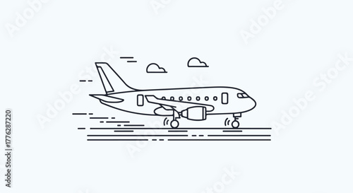 A simple line icon of an airplane taking off with motion lines and clouds in a minimalist style against a clean white background.