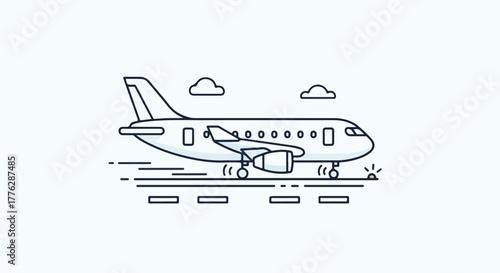 A simple line icon illustration of an airplane taking off with motion lines and clouds on a plain background.