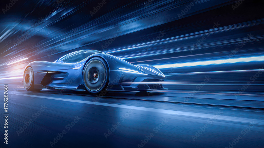 Obraz premium Sleek futuristic sports car racing at high speed through illuminated tunnel with dynamic motion blur and glowing blue light trails in a modern urban environment