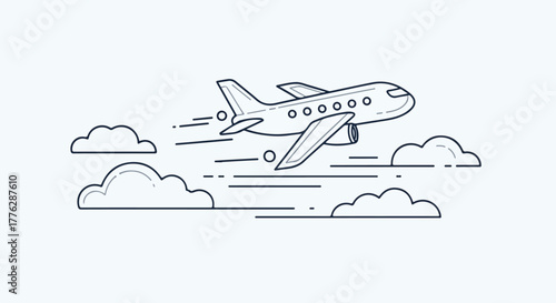 Line icon of an airplane flying through clouds with motion lines, conveying a sense of movement and travel in a simple, minimalist style.