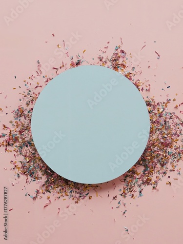 Blue mirror circle on pink background with colorful confetti scattered around, festive and minimal celebration theme.