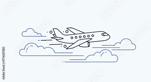 A simple line icon of an airplane flying through clouds with motion lines, conveying a sense of movement and travel in a minimalist style.