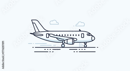 A simple line icon of an airplane in flight, depicted in a minimalist style with a white background and subtle blue accents.