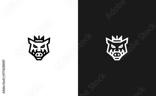 Stylized boar head logo design with crown in black and white variations