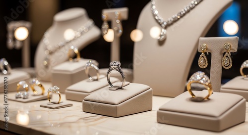 Jewelry display with rings, necklaces, and earrings